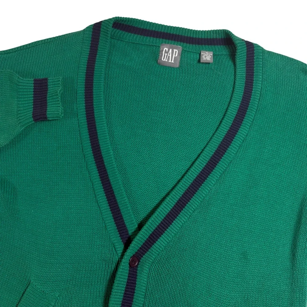 GAP Cardigan Sweater Mens Medium Green Navy Stripe V‎ Neck Button Front Grandpa